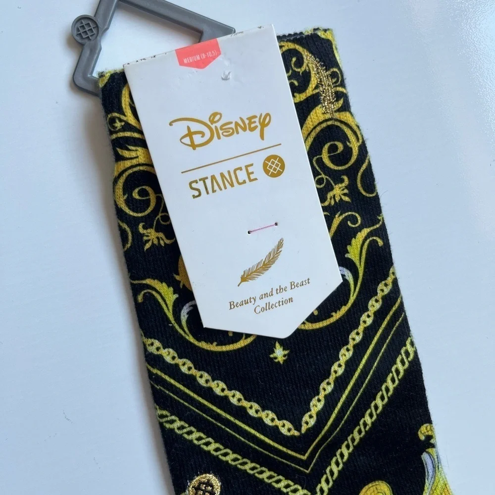 NWT DISNEY Stance Black and Gold Baroque Crew Socks beauty and the beast